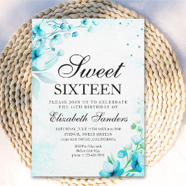  Blue Watercolor Wildflowers Modern Sweet Sixteen Einladung