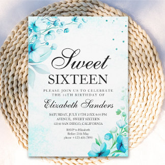 Blue Watercolor Wildflowers Modern Sweet Sixteen Einladung