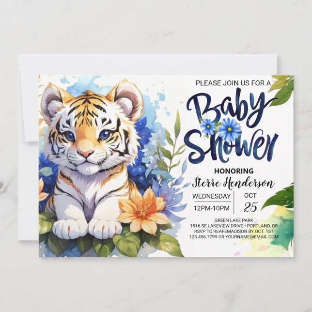 Blue Watercolor Wonders Tiger Cubs Kinderdusche Einladung (Vorderseite)