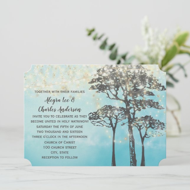 Blue Watercolor Woodsy Wedding Einladung (Stehend Vorderseite)
