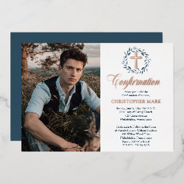 Blue Watercolor Wreath Boy Foto Bestätigung Folieneinladung