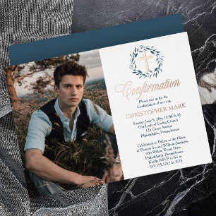 Blue Watercolor Wreath Boy Foto Bestätigung Folieneinladung