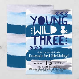Blue Watercolor Young Wild & Three 3. Geburtstag Einladung
