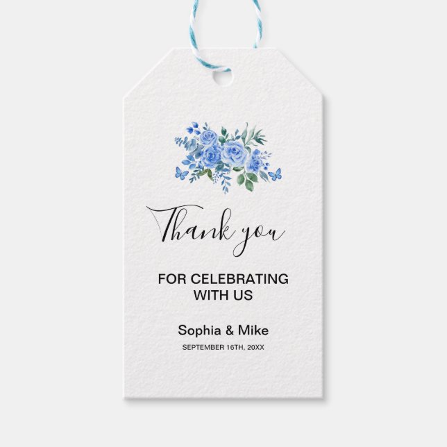 Blue Watercolour Floral and Butterflies Wedding Geschenkanhänger (Vorderseite)
