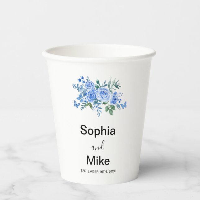 Blue Watercolour Floral and Butterflies Wedding Pappbecher (Vorderseite)