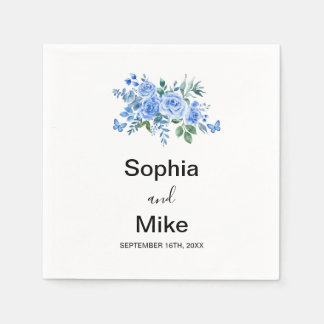 Blue Watercolour Floral and Butterflies Wedding Serviette