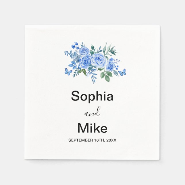 Blue Watercolour Floral and Butterflies Wedding Serviette (Vorderseite)