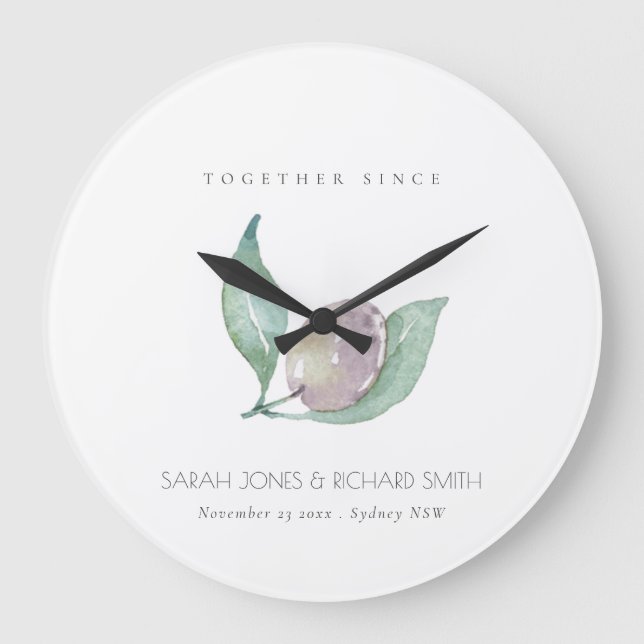 BLUE WATERCOLOUR OLIVE SAVE THE DATE WEDDING GIFT GROßE WANDUHR (Vorderseite)