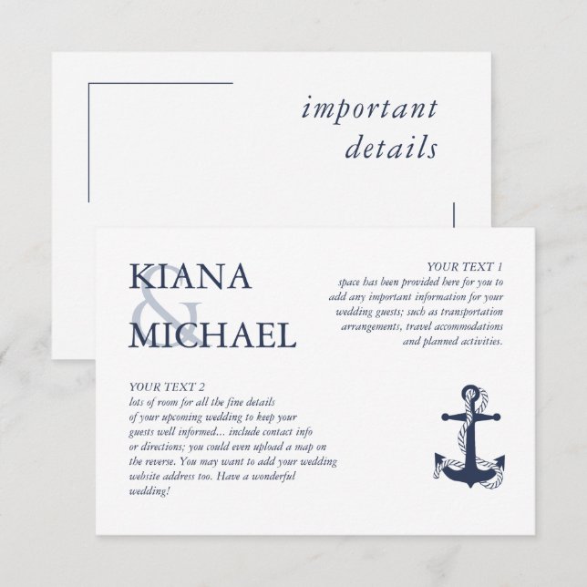 Blue Wave Anchor Wedding Details Navy/Wht ID836 Begleitkarte (Vorne/Hinten)