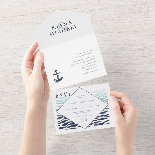Blue Wave Anchor Wedding ID836 All In One Einladung (Abreißen)
