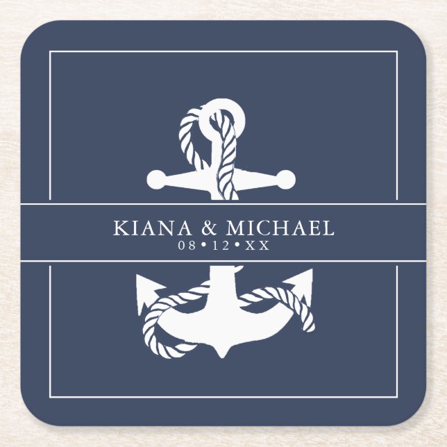 Blue Wave Anchor Wedding Wht/Navy ID836 Rechteckiger Pappuntersetzer (Vorderseite)