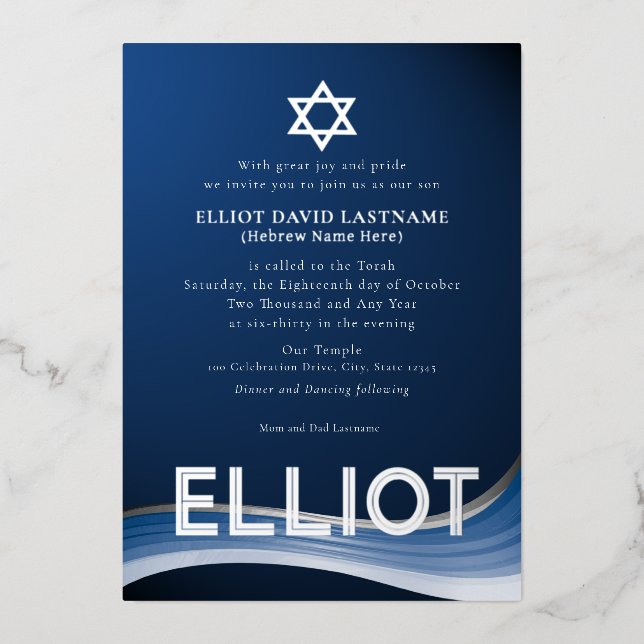Blue Wave Bar Mitzvah Foil Einladung (Vorderseite)