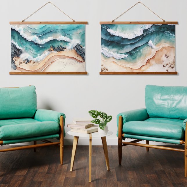 Blue Waves am Strand Wandteppich Mit Holzrahmen (Wohnzimmer)