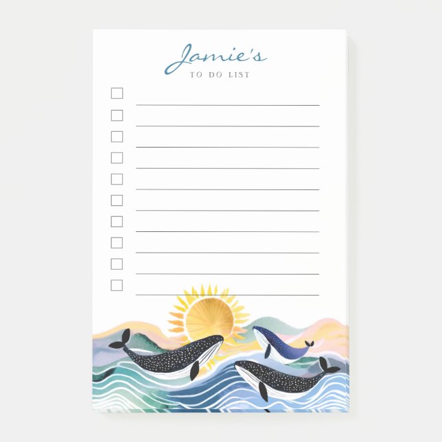 Blue Waves & Happy Whales Custom Post-It Notes Klebezettel (Vorderseite)