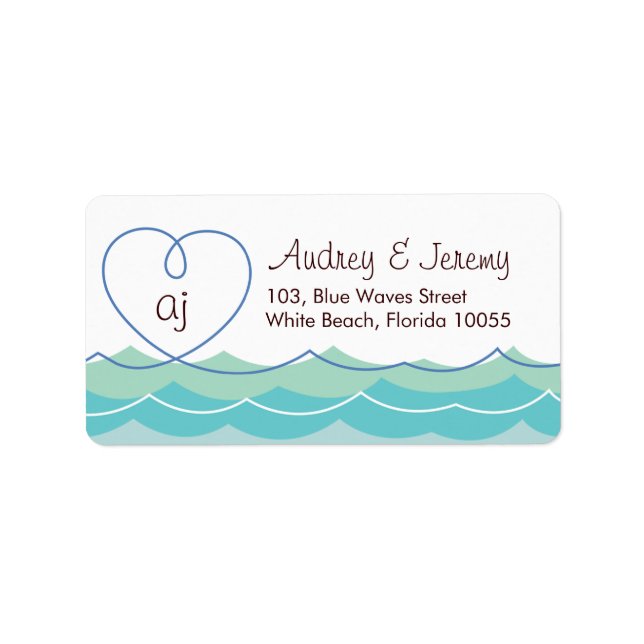 Blue Waves Loopy Heart Beach Hochzeitsplatz Adressaufkleber (Vorne)