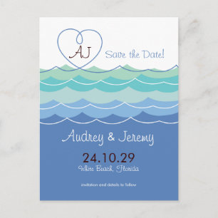 Blue Waves Loopy Heart Beach Modern Save the Date Ankündigungspostkarte