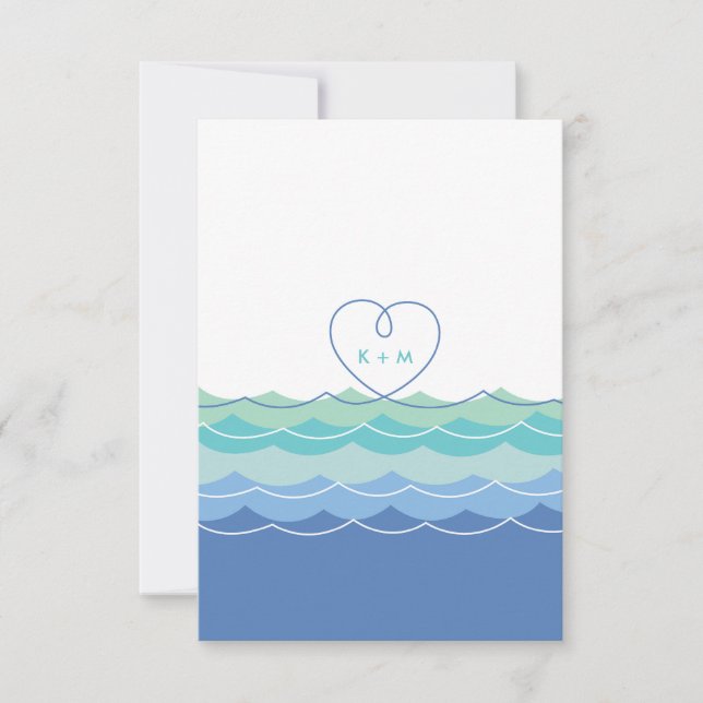 Blue Waves Loopy Heart Beach Wedding Empfang RSVP Karte (Vorderseite)