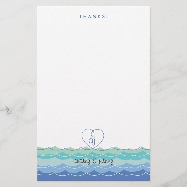 Blue Waves Loopy Herz Danke Stationery Briefpapier (Vorderseite)