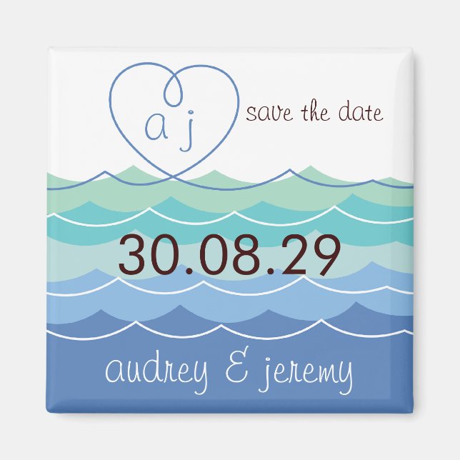 Blue Waves Loopy Herz Save the Date Custom Magnet (Vorne)