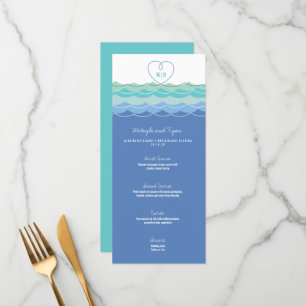 Blue Waves Loopy Liebe Heart Monogram Beach Weddin Menükarte