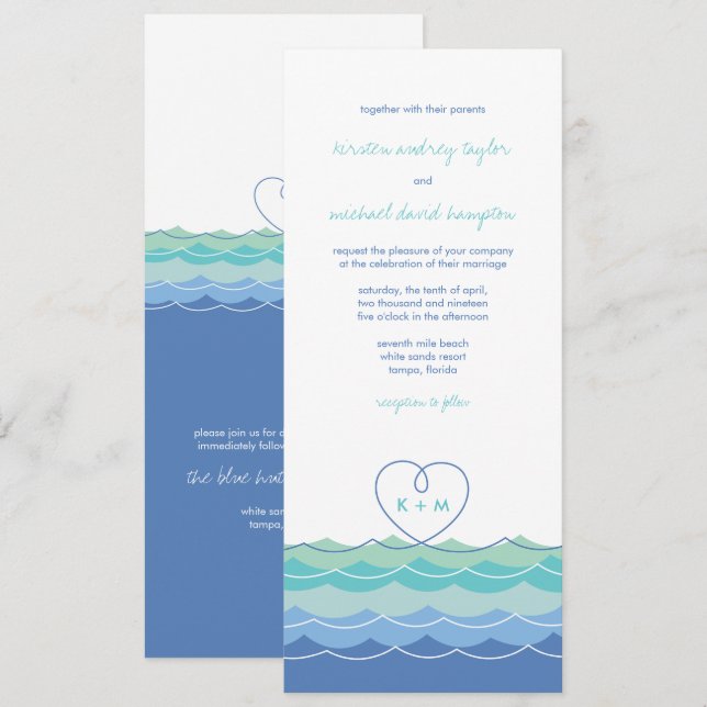 Blue Waves Modern Loopy Heart Beach Hochzeit Einla Einladung (Vorne/Hinten)