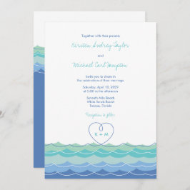 Blue Waves Moderne Loopy Heart Beach Invitation de