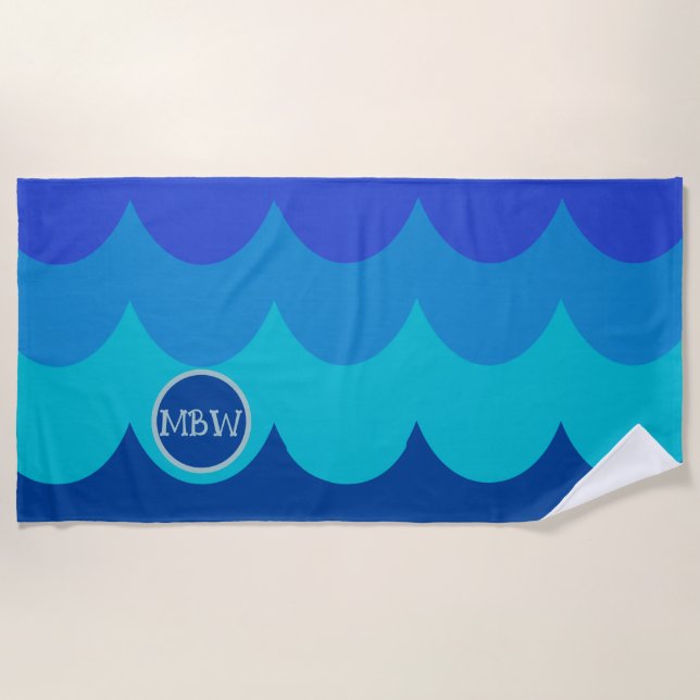 Blue Waves Monogram Beach Handtuch (Vorderseite)