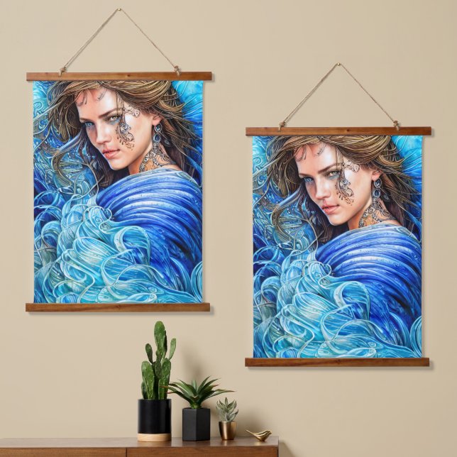 Blue Waves Ocean Goddess Fantasy Art Wandteppich Mit Holzrahmen (Asymmetrisch)
