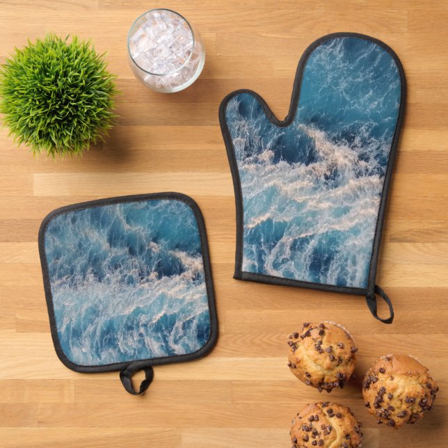 Blue Waves Ofenhandschuh & Topflappen-Set (Oben Unten)