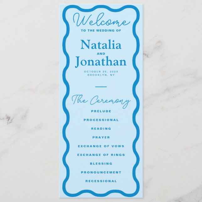 Blue Wavy Retro Wedding Programm (Vorderseite)