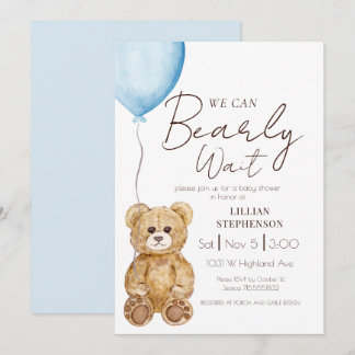 Blue We Can Bearly Wait Boy Baby Shower Einladung