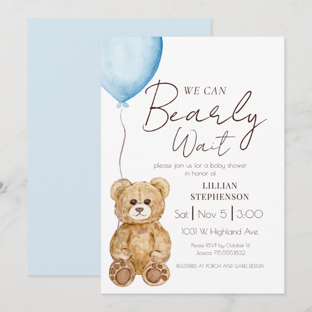 Blue We Can Bearly Wait Boy Baby Shower Einladung (Vorne/Hinten)