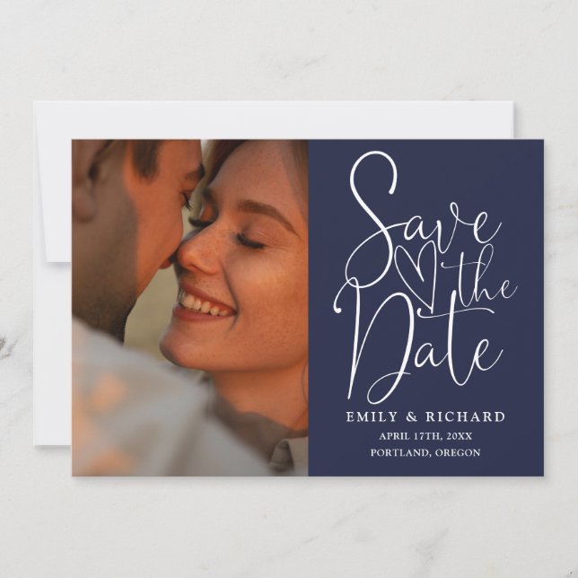 Blue Wedding 2 Foto QR Code Elegantes Skript Save The Date (Vorderseite)