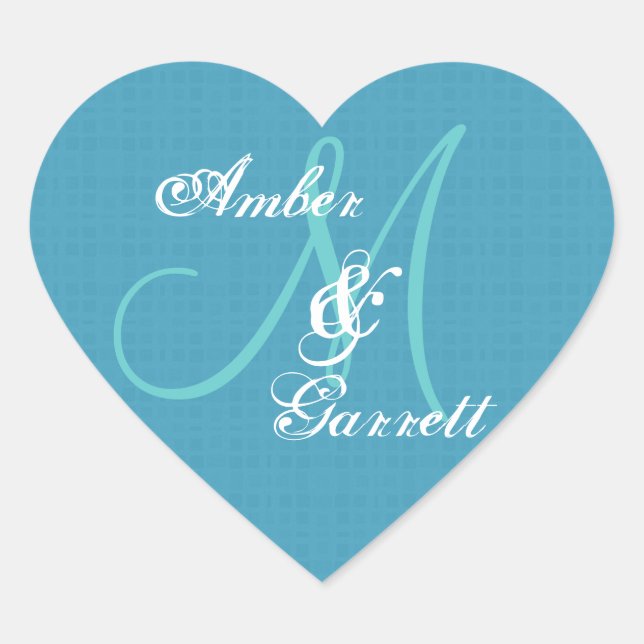 Blue Wedding Damask Monogram Any Initial V06 Herz-Aufkleber (Vorderseite)
