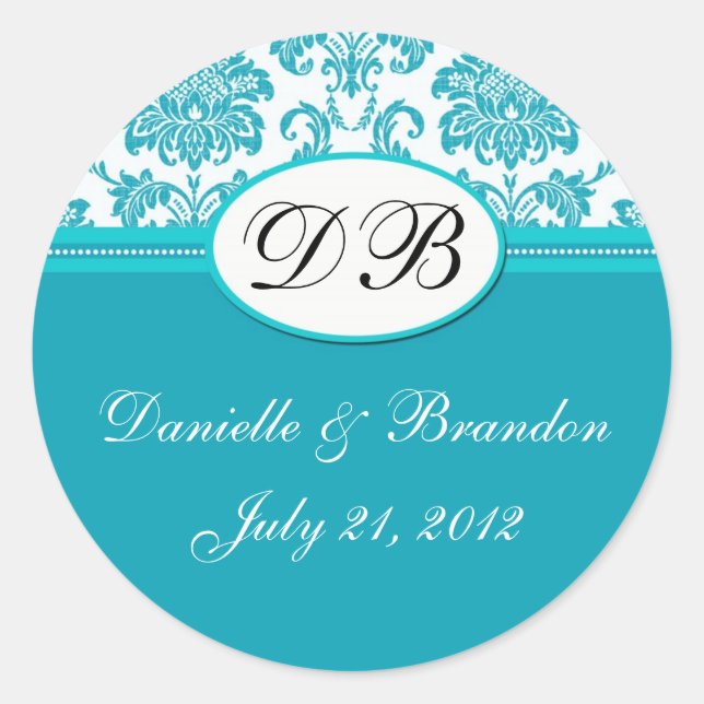 Blue Wedding Monogram Damask Siegel Runder Aufkleber (Vorderseite)