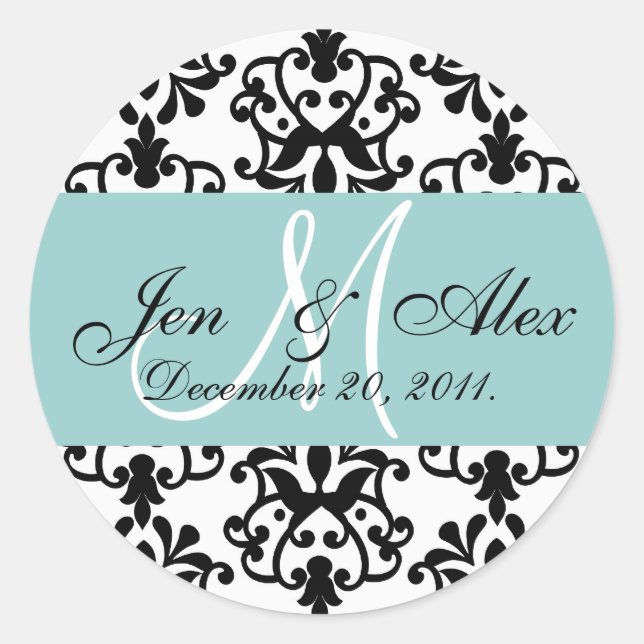 Blue Wedding Monogram Date Paisley Siegel Runder Aufkleber (Vorderseite)