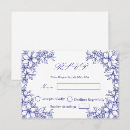 Blue Wedding RSVP mit Verzierter Blumengrafik Karte