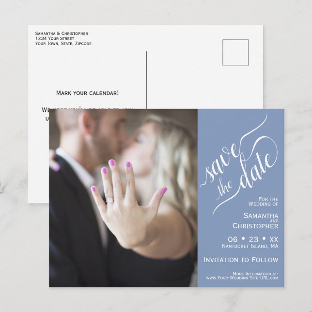 Blue Wedding Save the Date Foto & Calligrafy Ankündigungspostkarte (Vorne/Hinten)