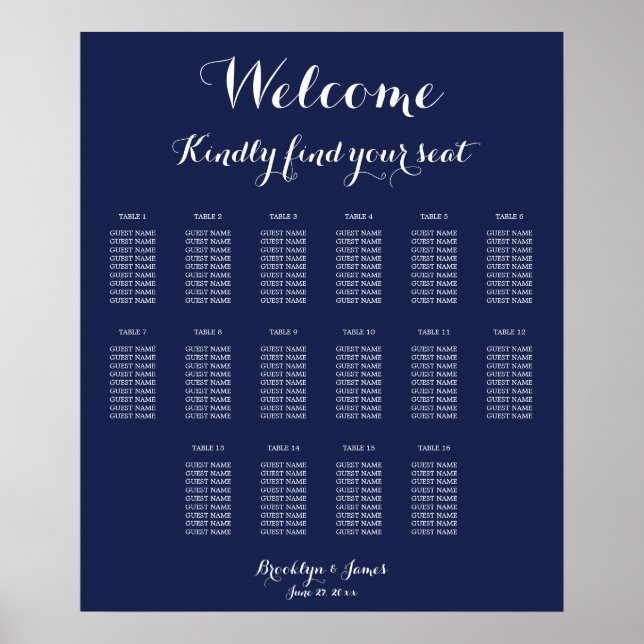 Blue Wedding Seating Chart Poster 20x24 (Vorne)