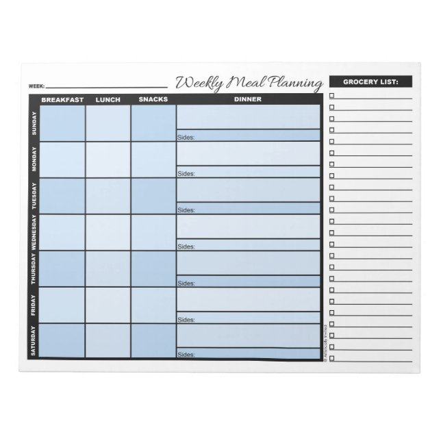 Blue Weekly Meal Planner with Grocery List Notizblock (Vorderseite)