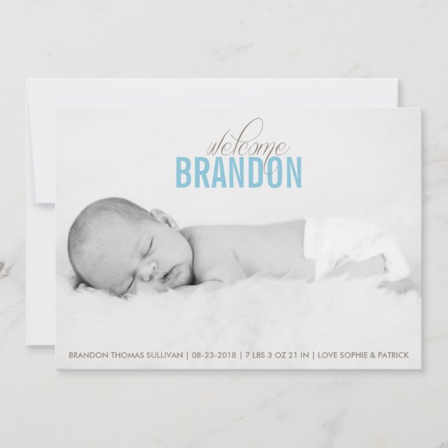 Blue Welcome Baby Foto Baby Birth Ankündigung (Vorderseite)