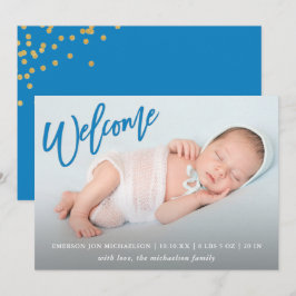 Blue Welcome Imitate Gold Confetti Baby Boy Birth Ankündigung