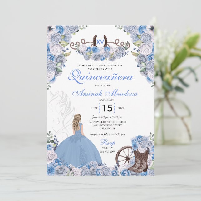 Blue Western Charra Floral Boots Quinceañera Einladung (Stehend Vorderseite)