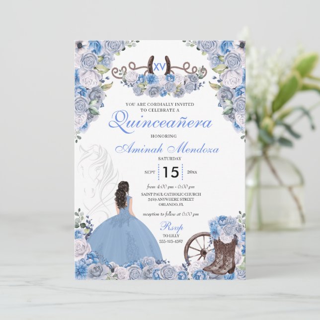 Blue Western Charra Floral Boots Quinceañera Einladung (Stehend Vorderseite)