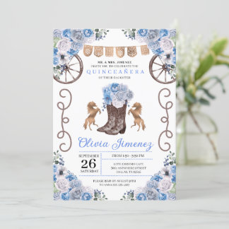 Blue Western Charra Floral Boots Quinceañera Einladung