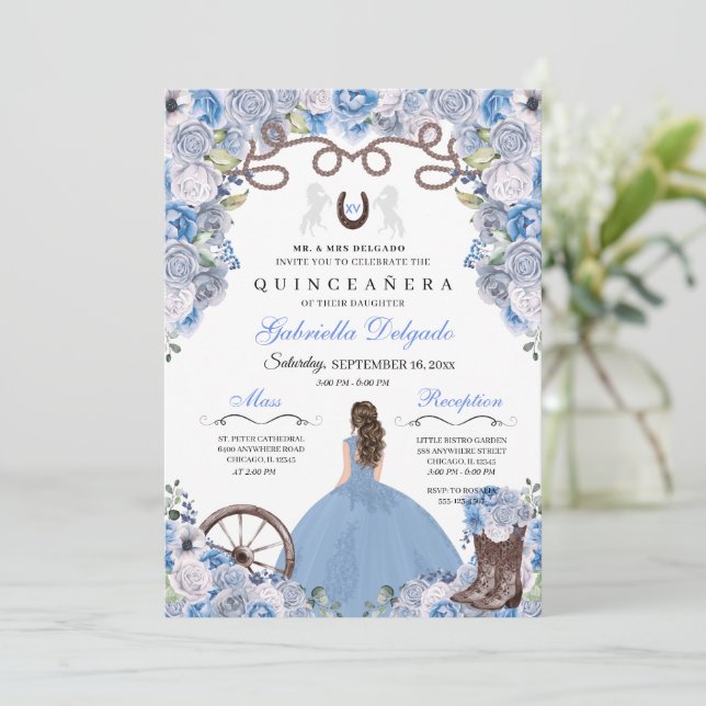 Blue Western Charra Girl Ranchero Quinceanera Einladung (Stehend Vorderseite)