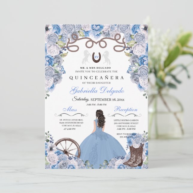 Blue Western Charra Girl Ranchero Quinceanera Einladung (Stehend Vorderseite)