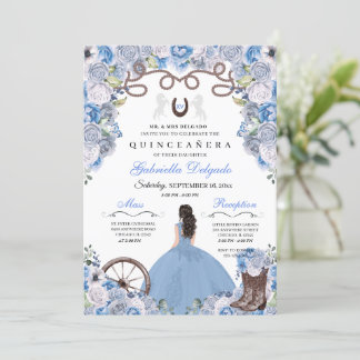 Blue Western Charra Girl Ranchero Quinceanera Einladung