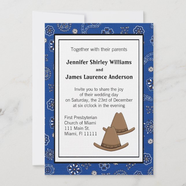 Blue Western Cowboy Hat Hochzeit Einladung (Vorderseite)