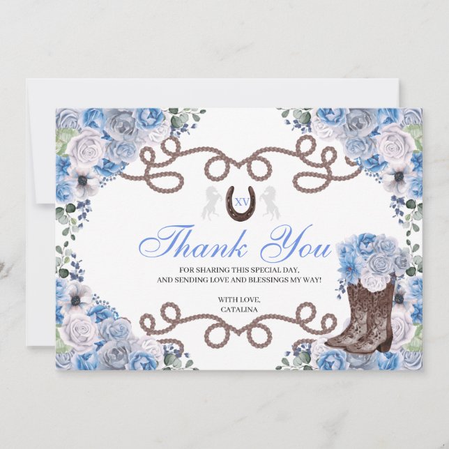 Blue Western Horse Quinceanera Danke Karte (Vorderseite)
